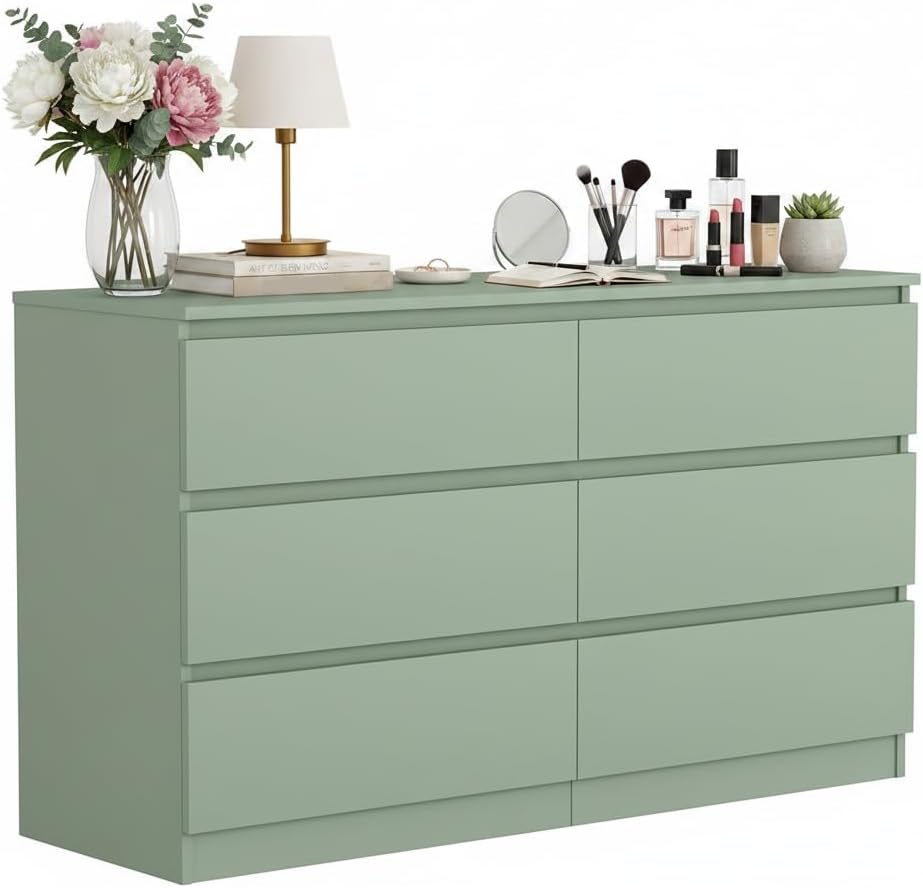Green 6-Drawer Wide Storage Dresser