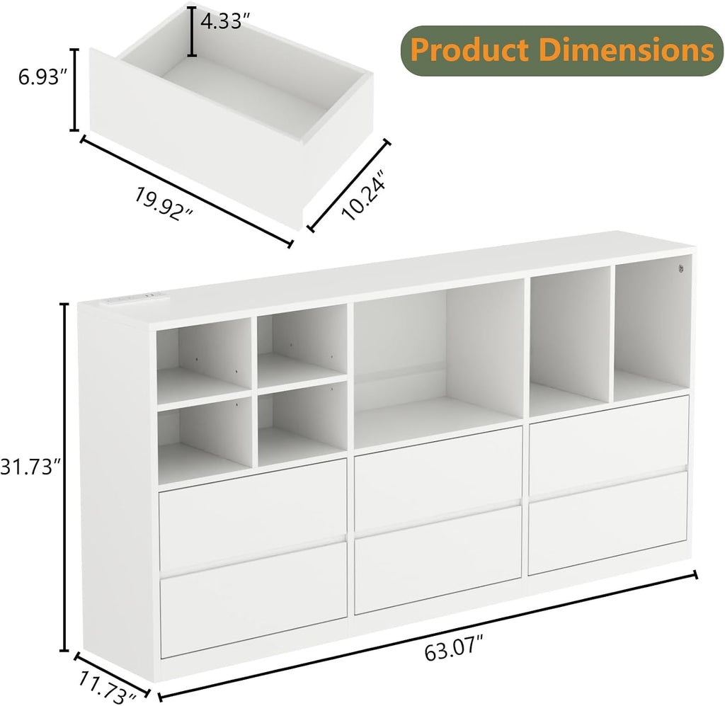White LED Cubby 6-Drawer Dresser