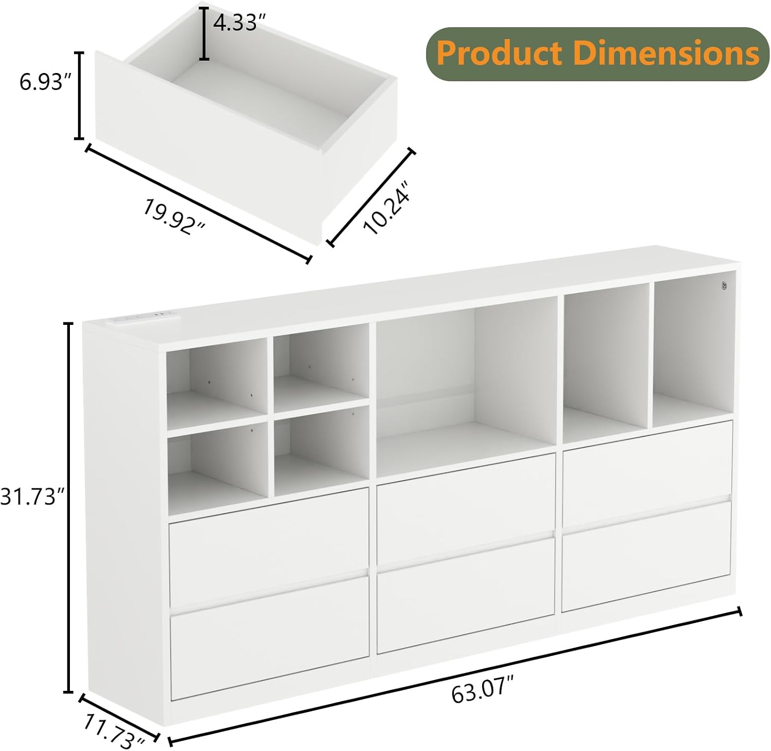 White LED Cubby 6-Drawer Dresser