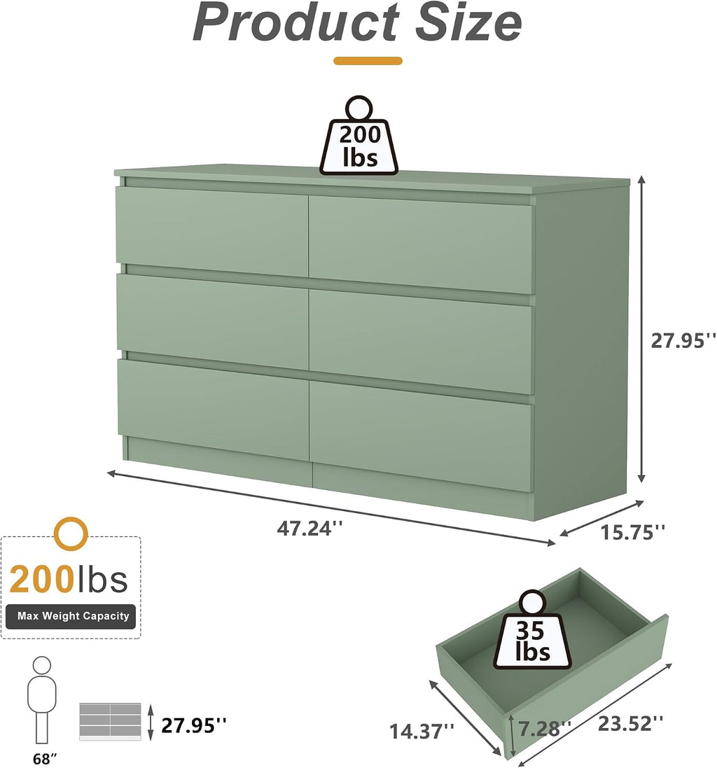 Green 6-Drawer Wide Storage Dresser