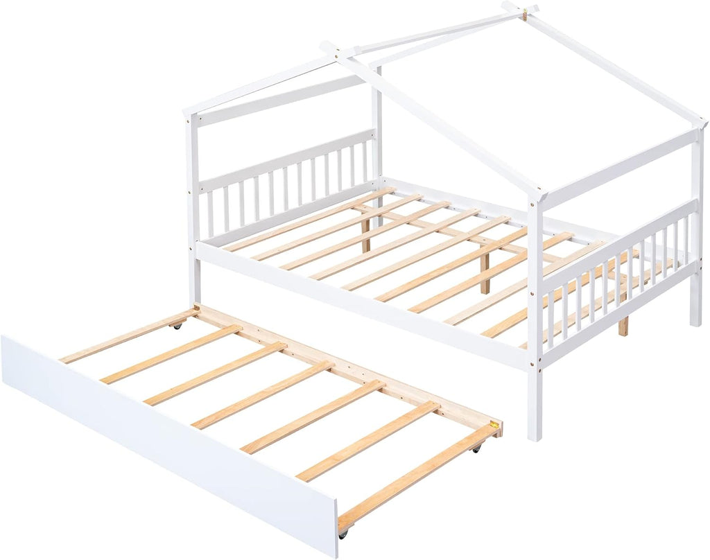 White Full Wooden Trundle House Bed