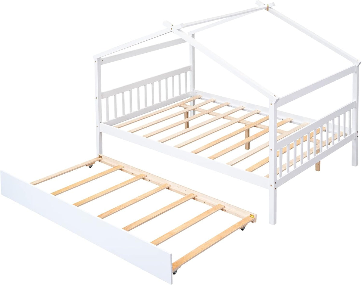White Full Wooden Trundle House Bed