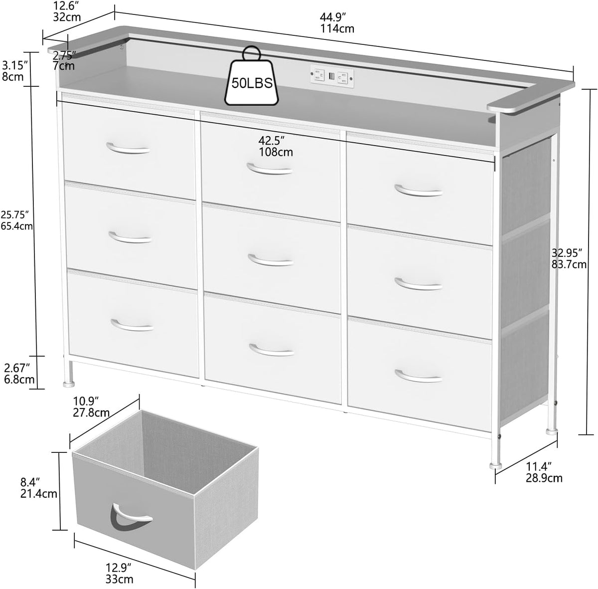 White LED Charging 9-Drawer Dresser