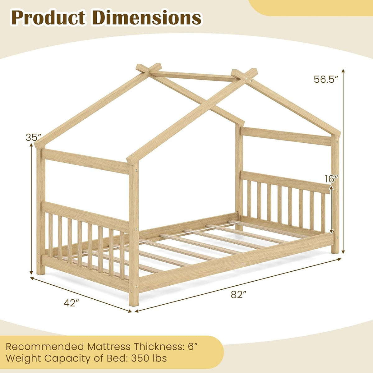 Natural Twin Solid Wood House Bed