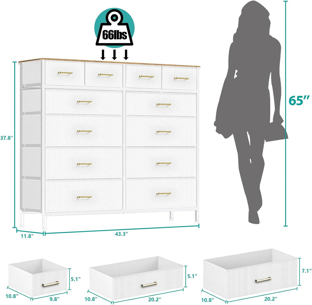 White 12-Drawer Wide Fabric Dresser