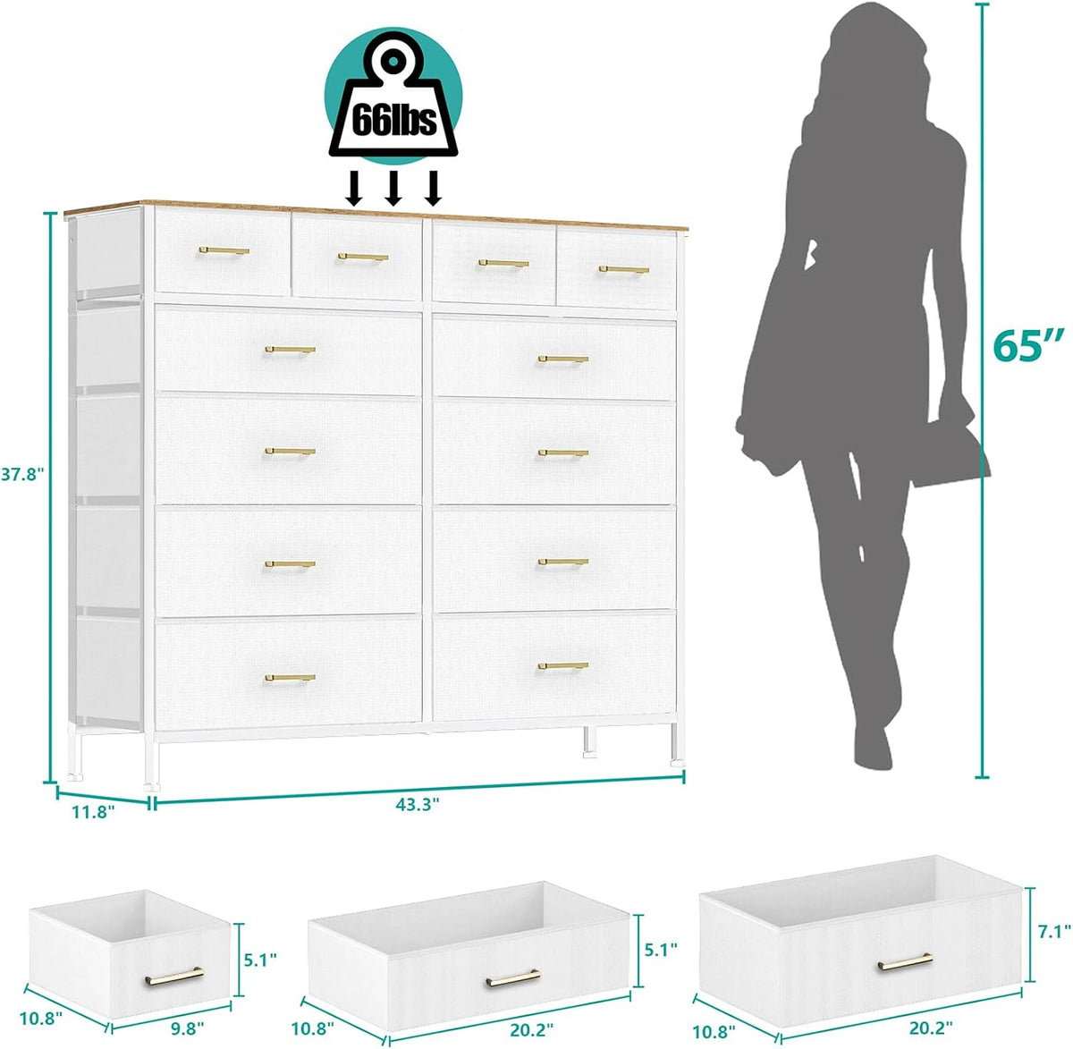 White 12-Drawer Wide Fabric Dresser