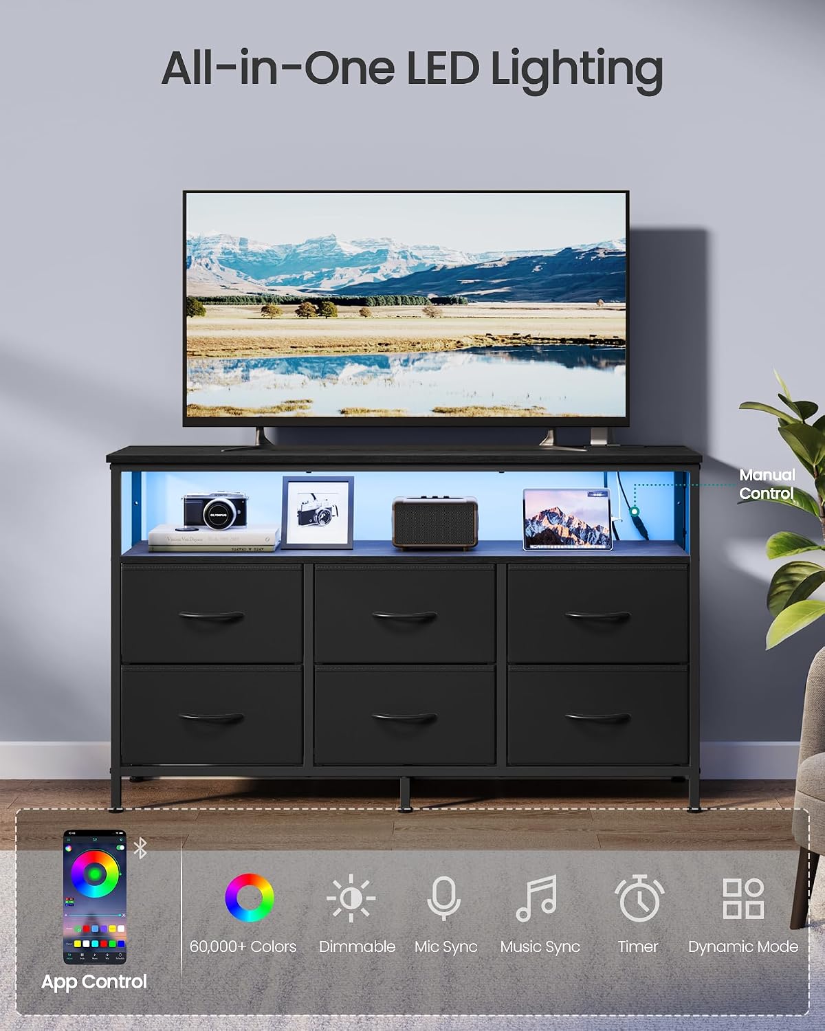 Black 6-Drawer Shelf Dresser Stand
