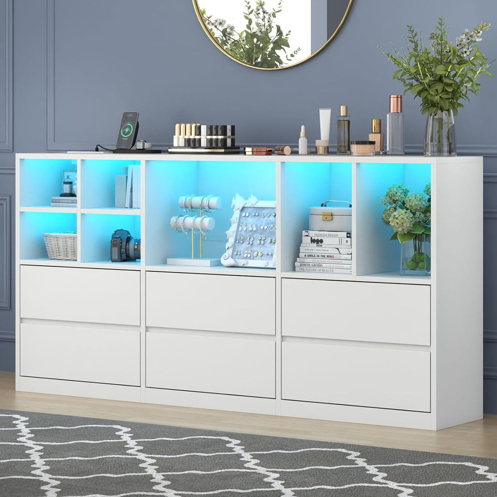 White LED Cubby 6-Drawer Dresser