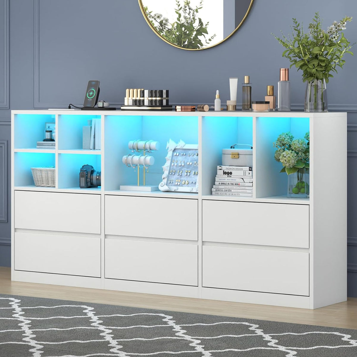 White LED Cubby 6-Drawer Dresser