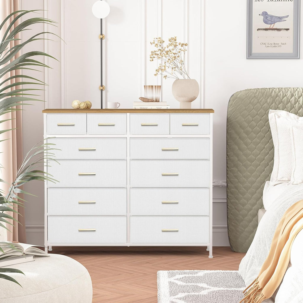 White 12-Drawer Wide Fabric Dresser