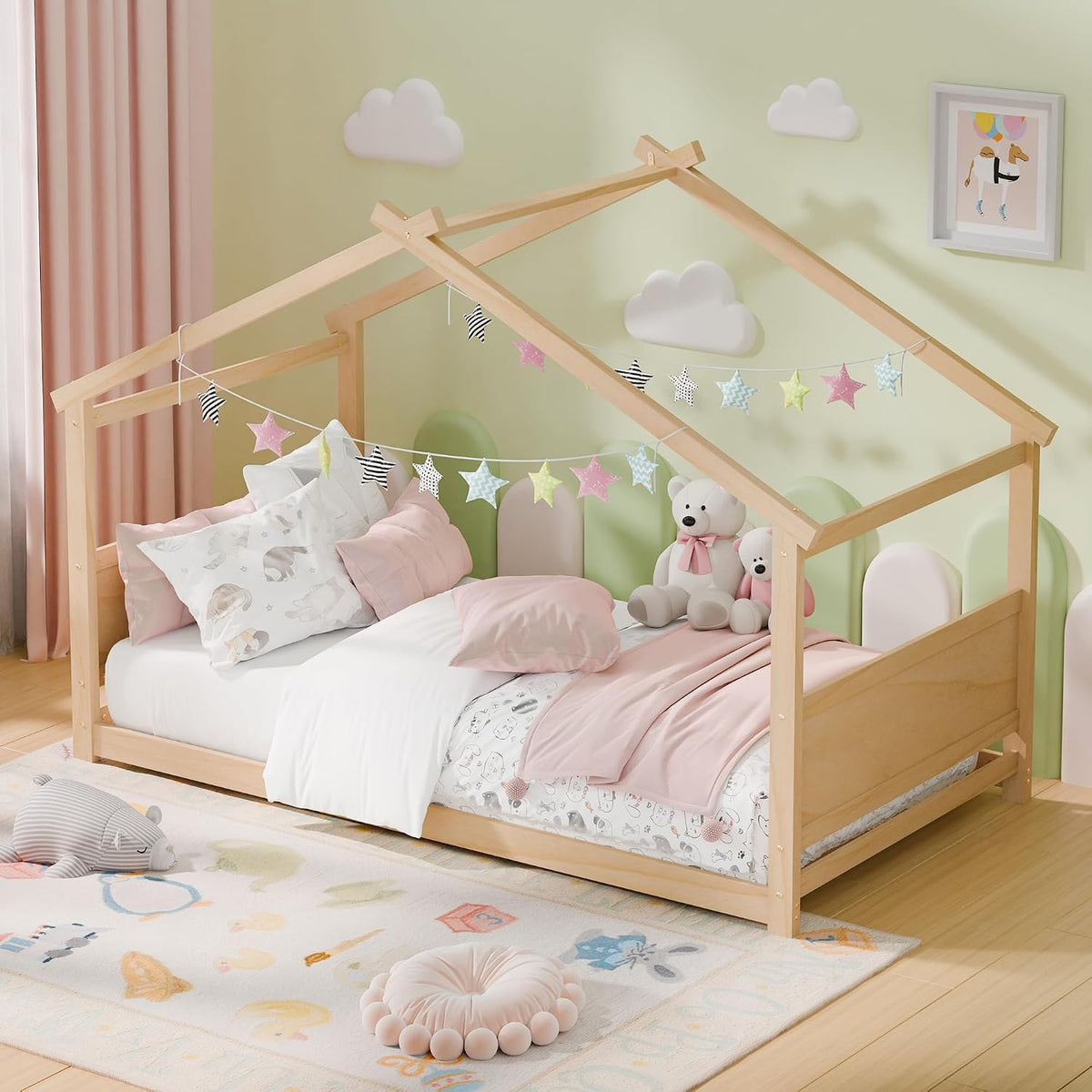 Natural Twin Montessori House Floor Bed