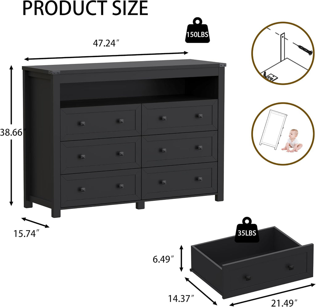 Black LED Charging 6-Drawer Dresser