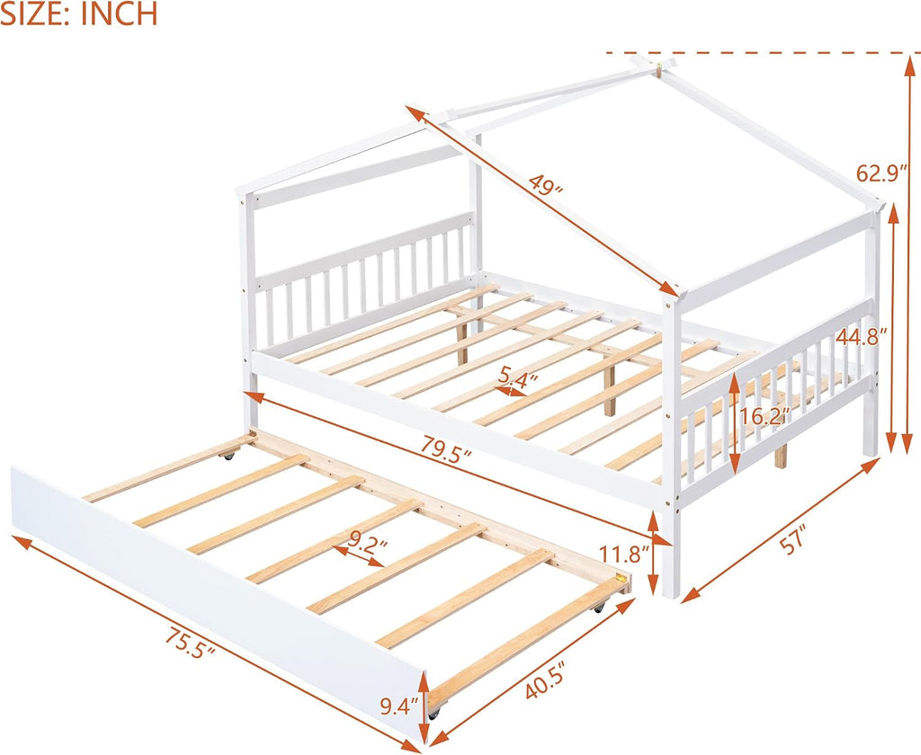 White Full Wooden Trundle House Bed