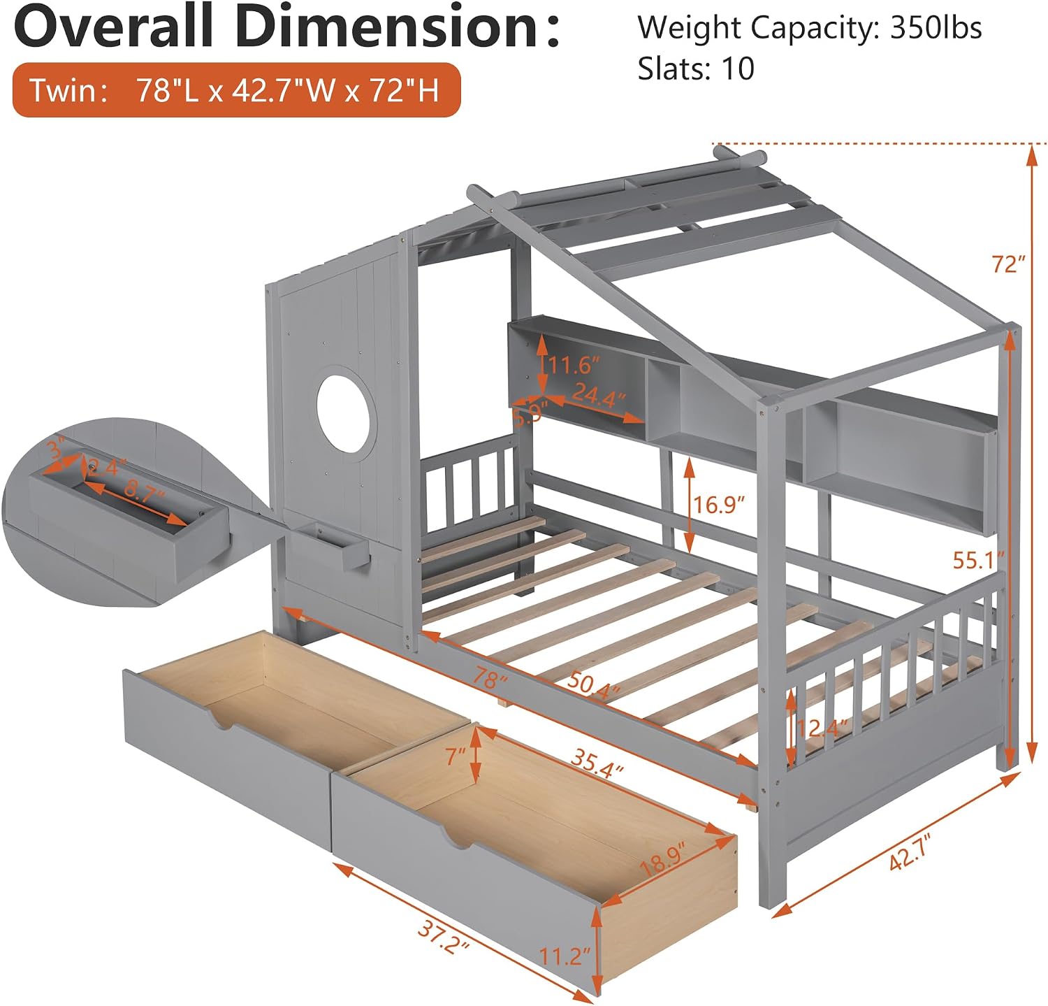 Gray Twin Storage Playhouse Kids Bed