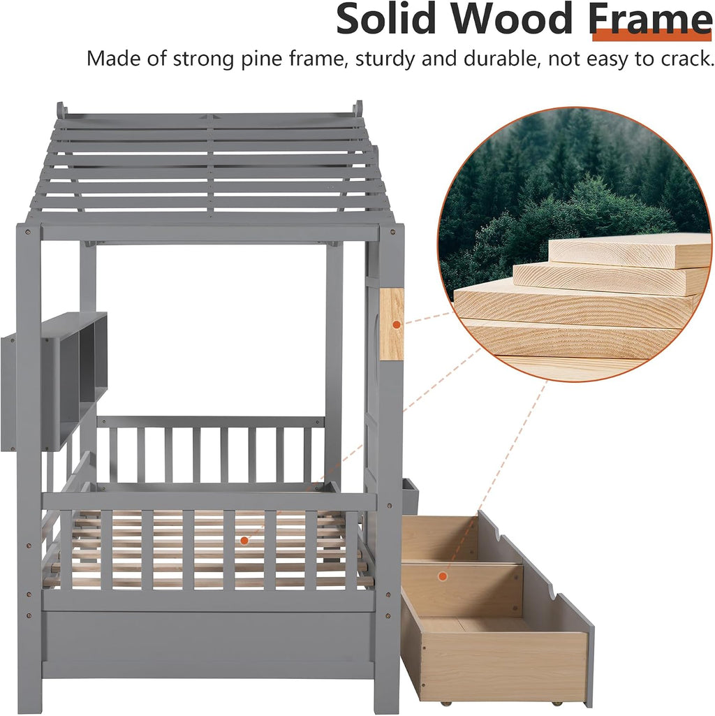 Gray Twin Storage Playhouse Kids Bed