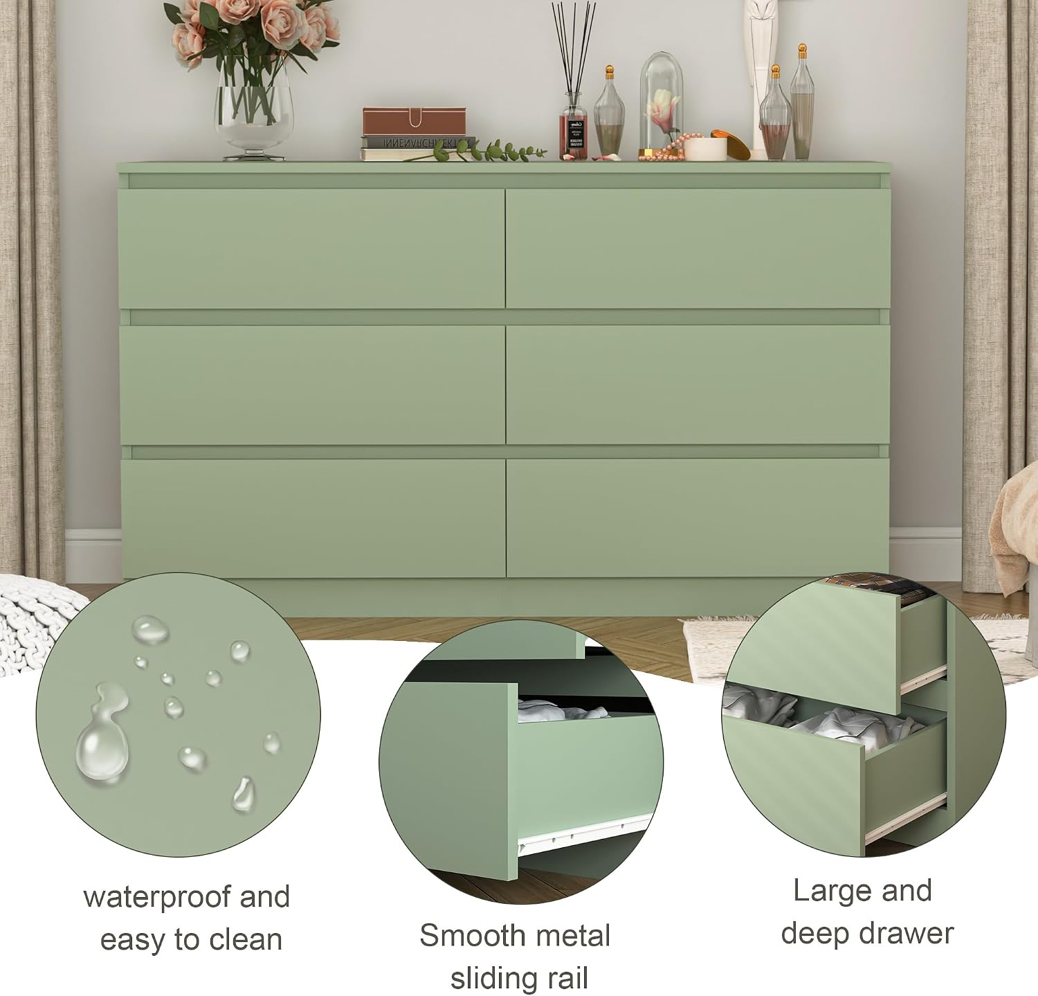 Green 6-Drawer Wide Storage Dresser