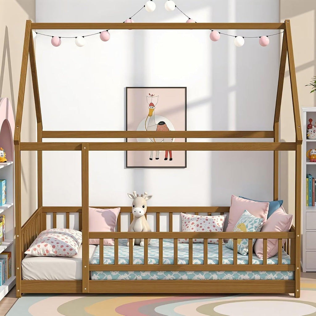 Espresso Queen Wooden House Floor Bed