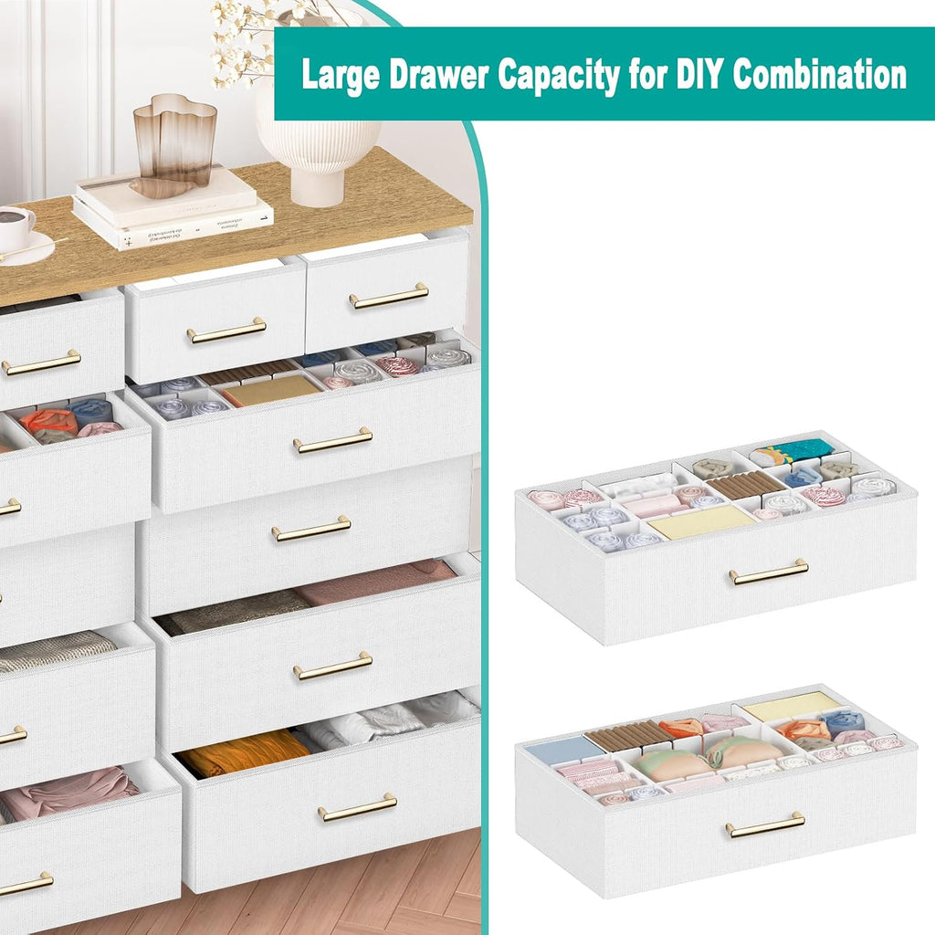 White 12-Drawer Wide Fabric Dresser