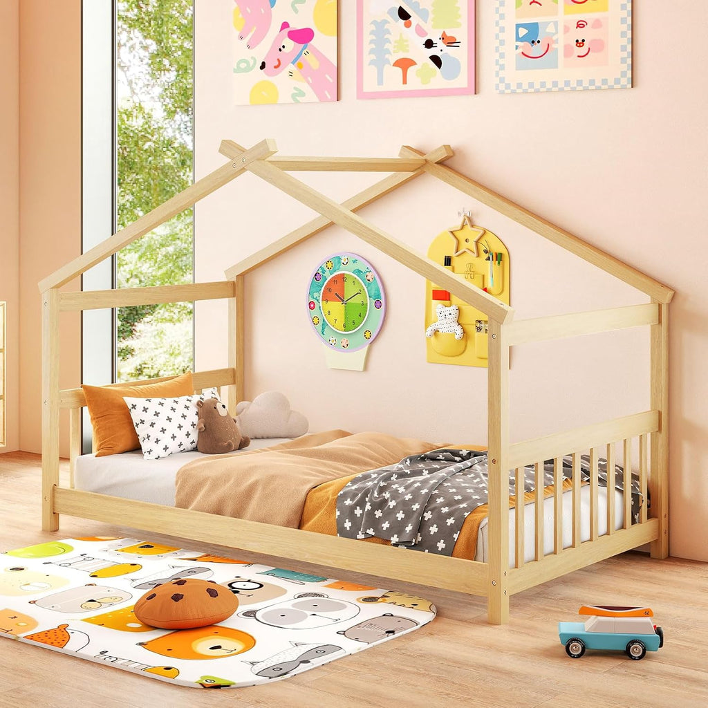 Natural Twin Solid Wood House Bed