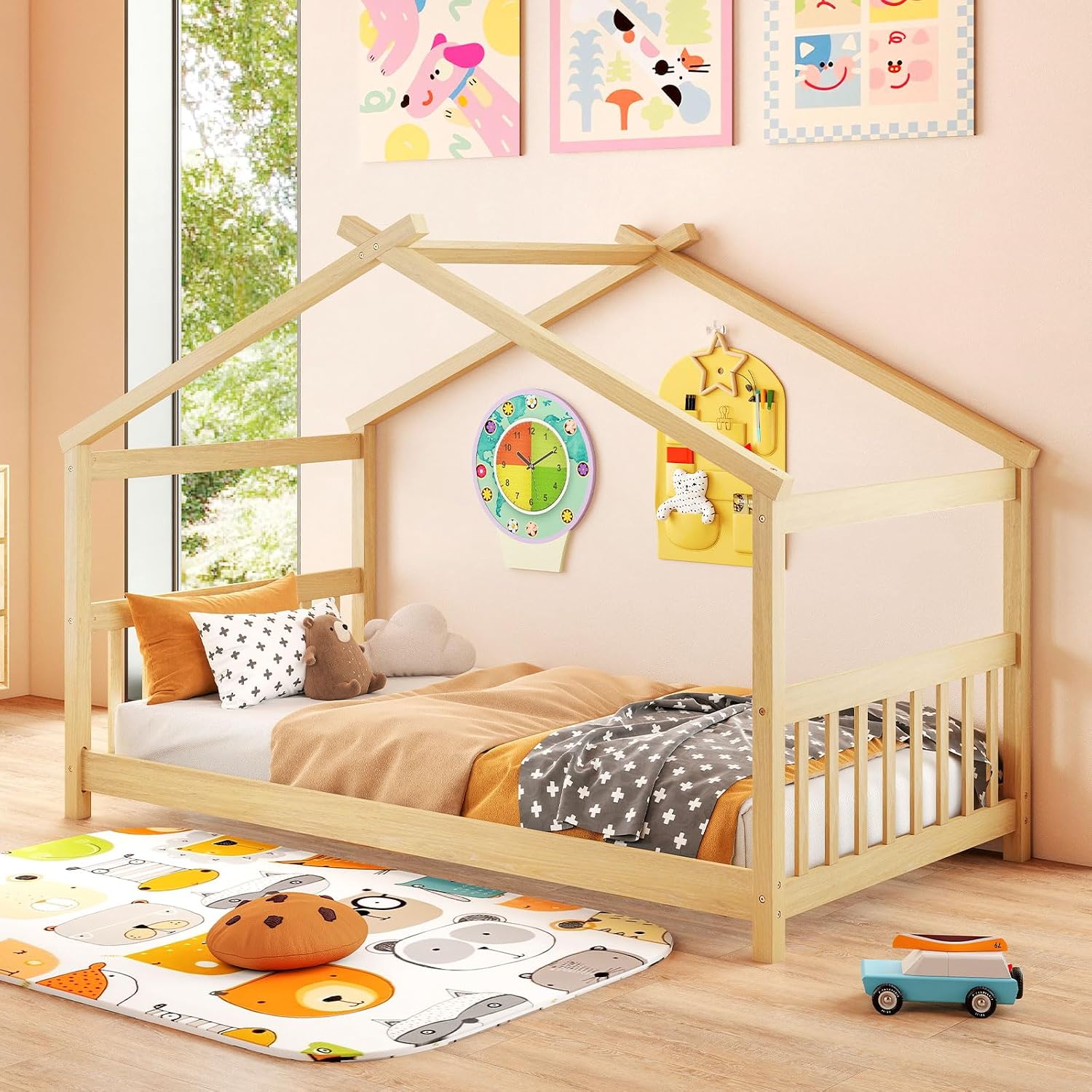 Natural Twin Solid Wood House Bed