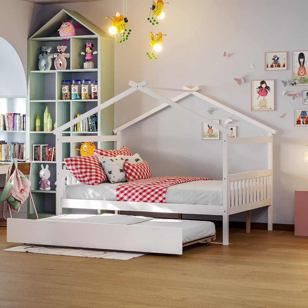 White Full Wooden Trundle House Bed