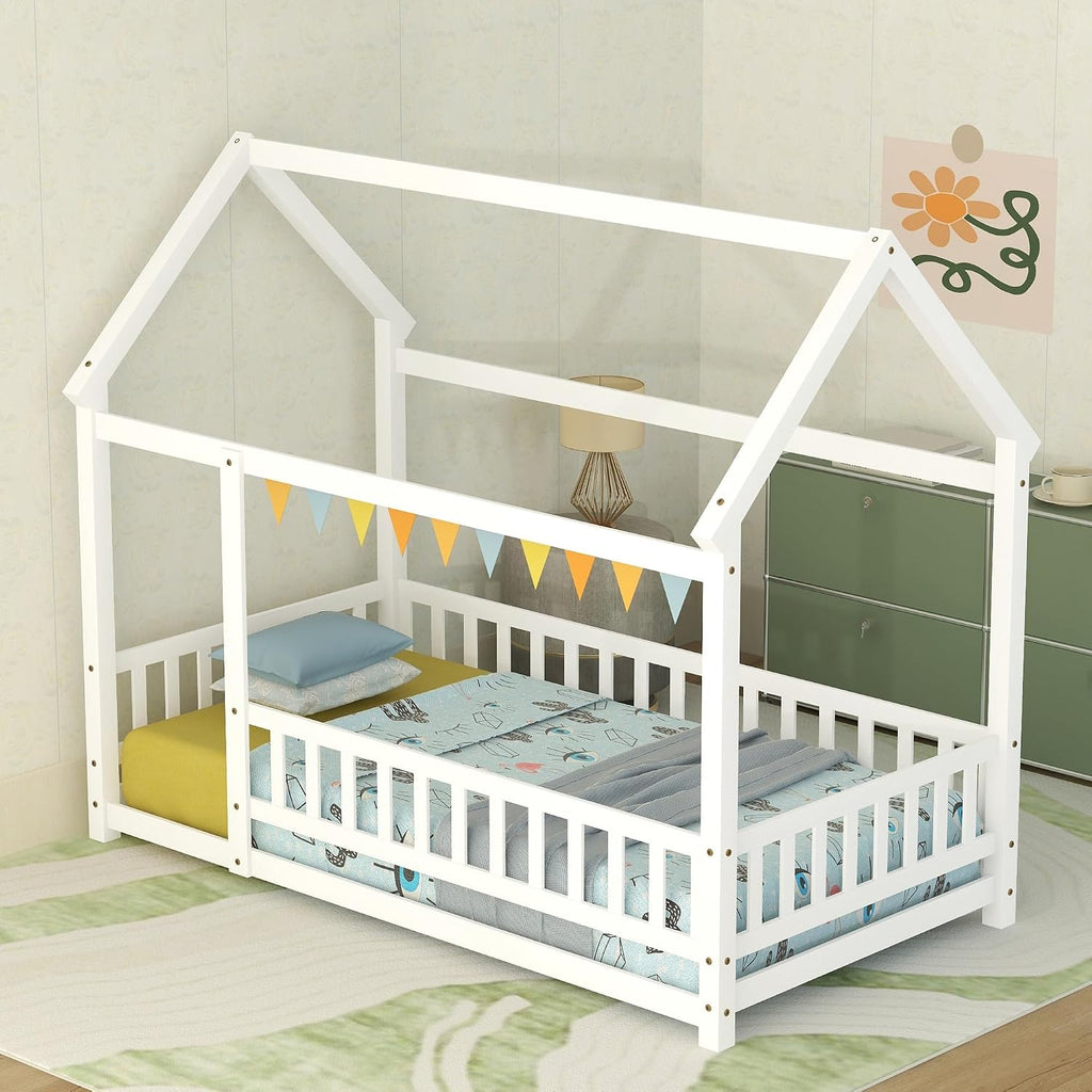 White Twin Wooden House Floor Bed
