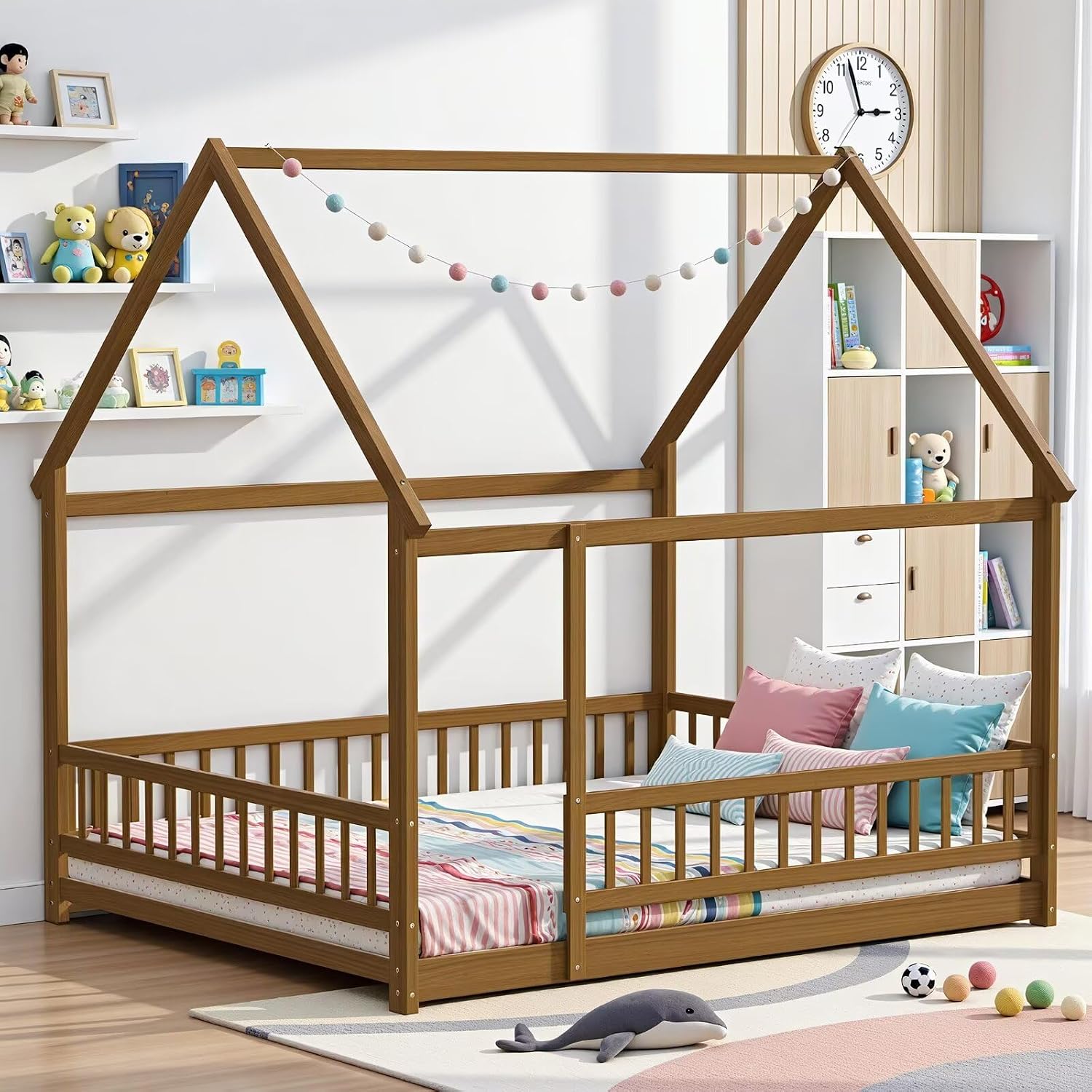 Espresso Queen Wooden House Floor Bed