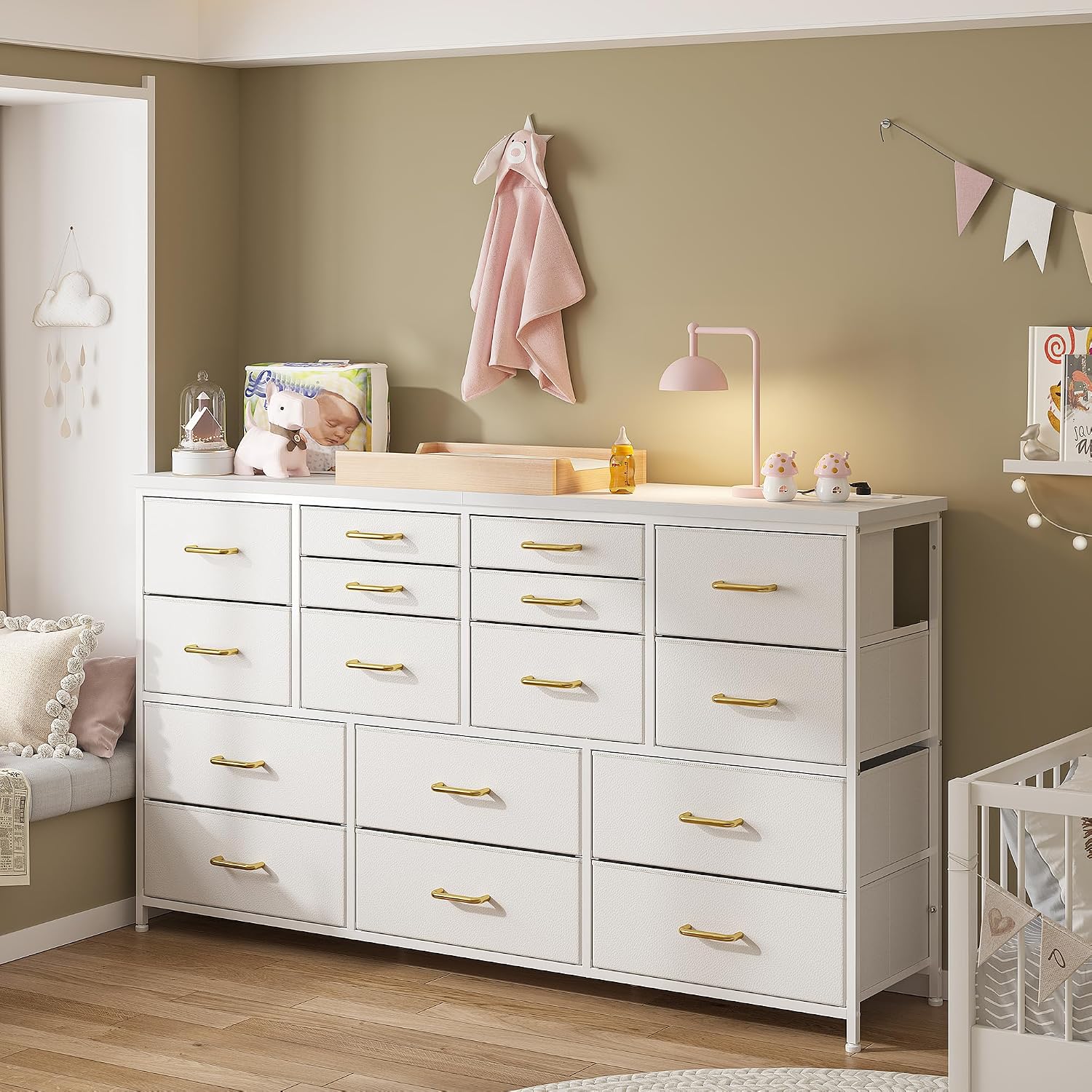 White 16-Drawer Charging Dresser