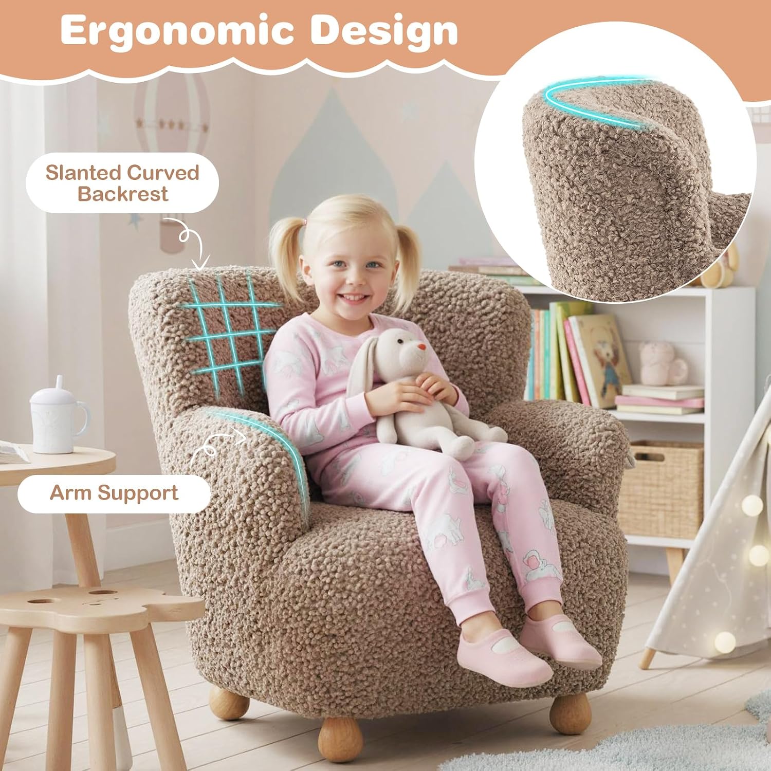 Coffee Wooden Leg Kids Recliner Chair