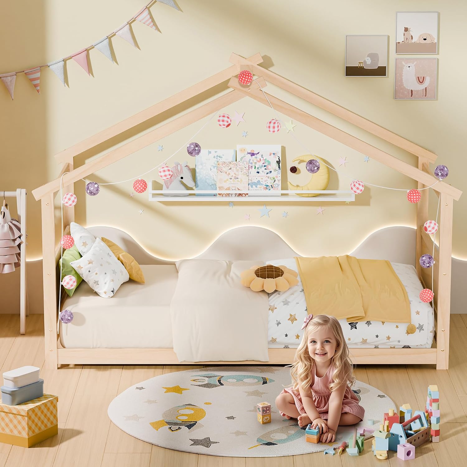 Natural Twin Montessori House Floor Bed