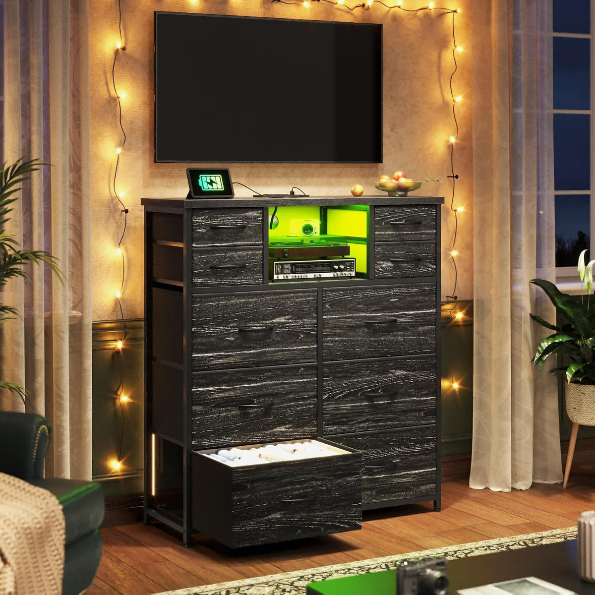 Black LED Charging 10-Drawer Dresser