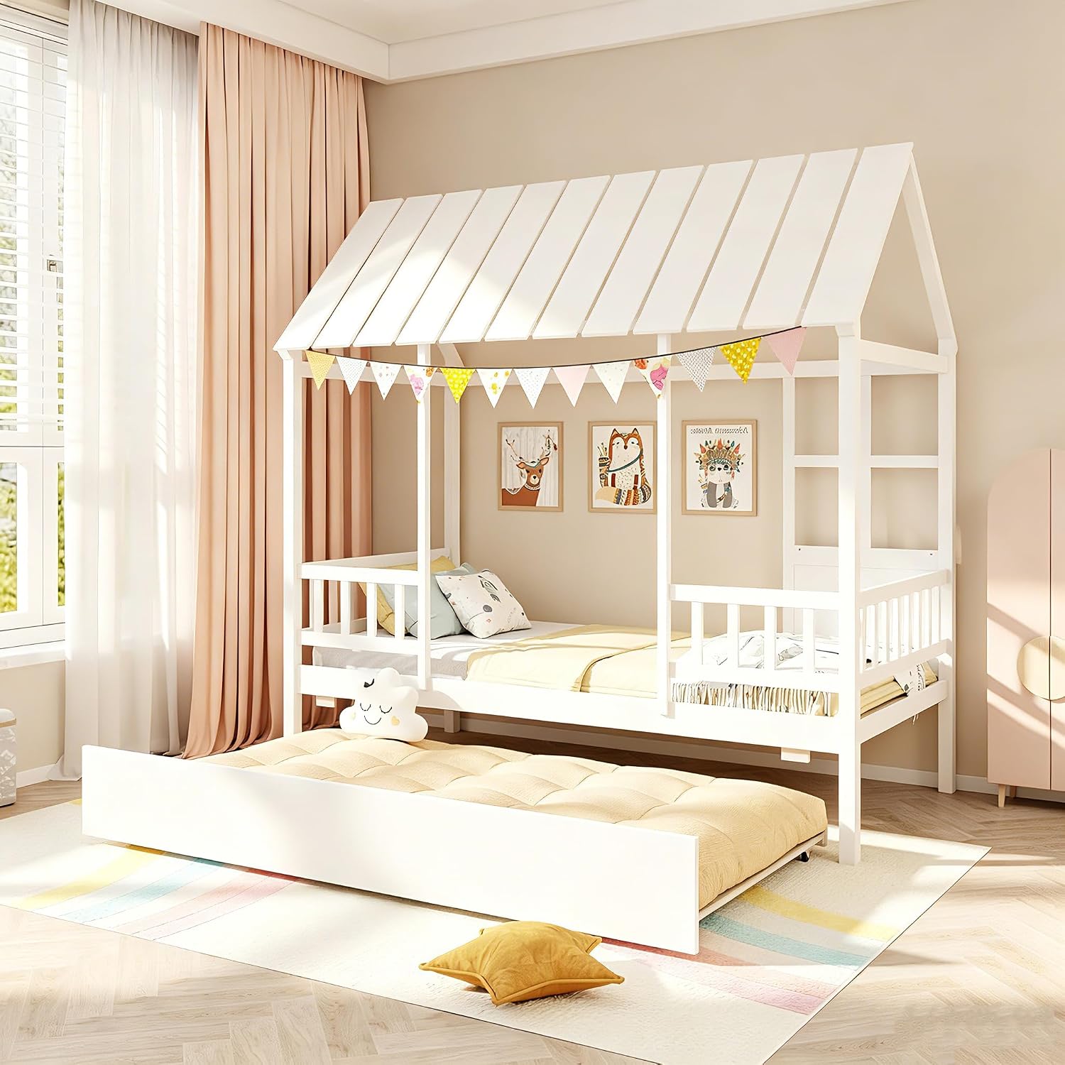 White Twin House Bed With Trundle