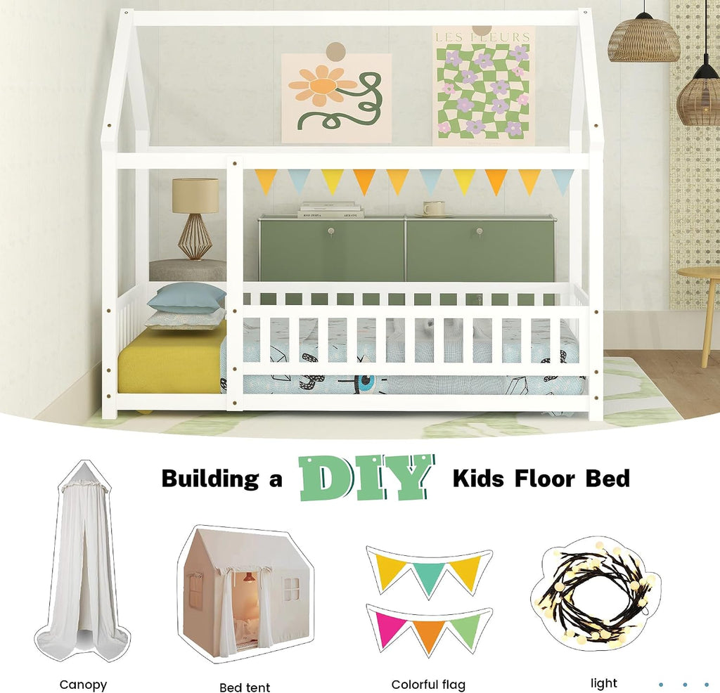White Twin Wooden House Floor Bed