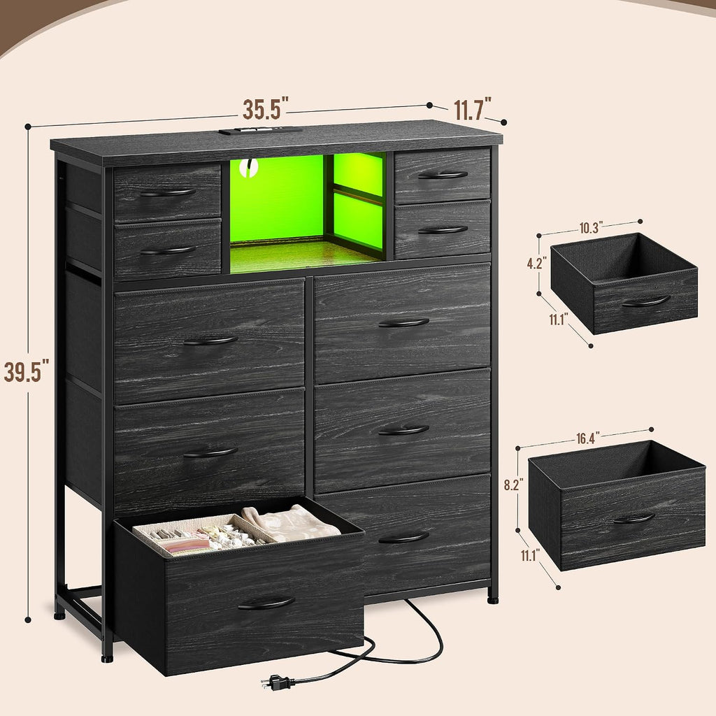 Black LED Charging 10-Drawer Dresser