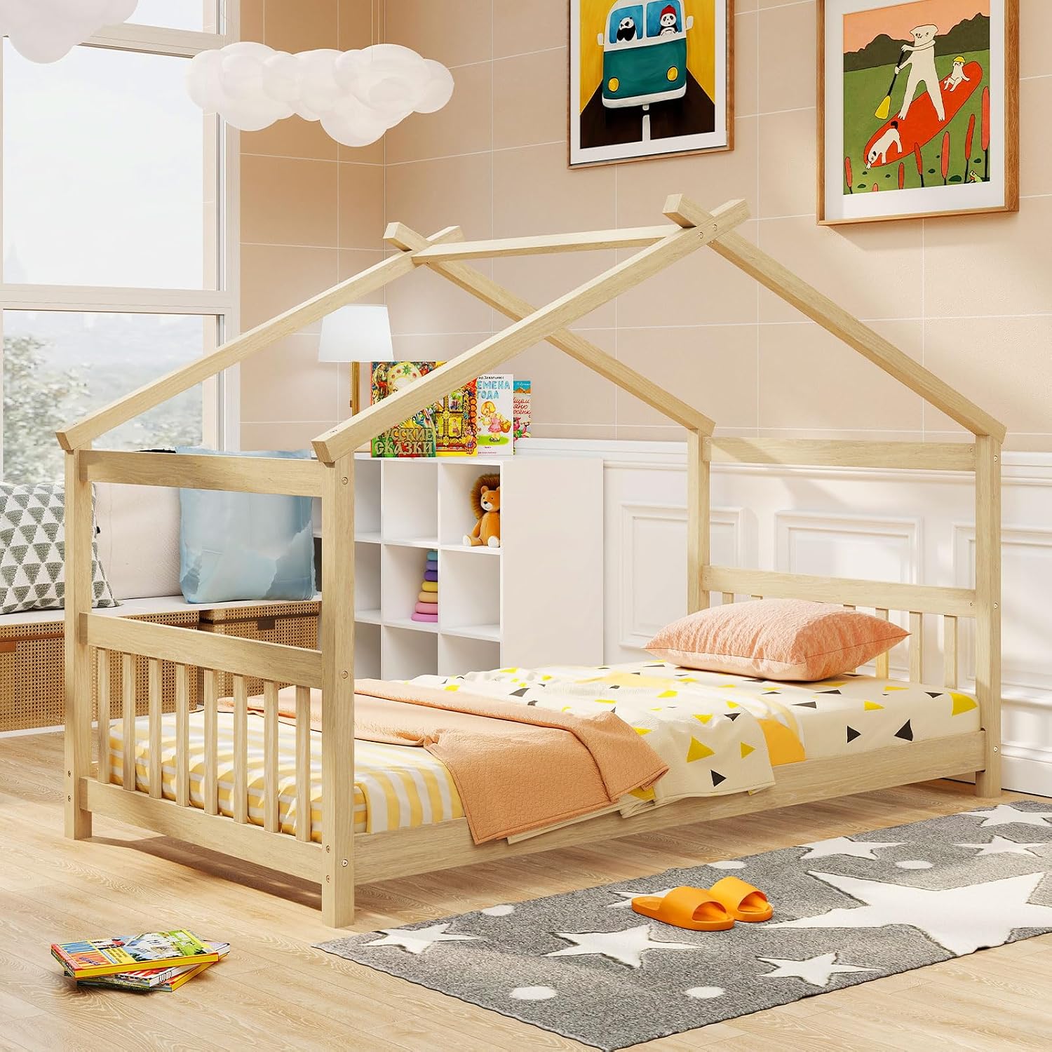 Natural Twin Solid Wood House Bed