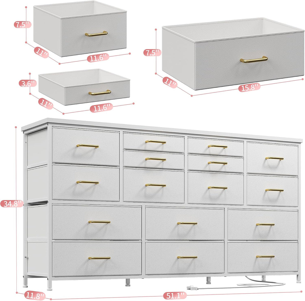 White 16-Drawer Charging Dresser