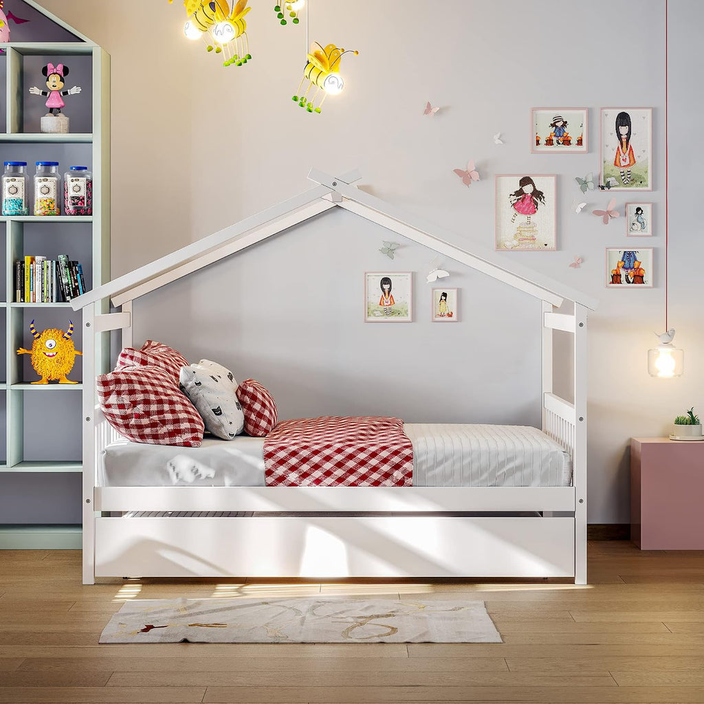 White Full Wooden Trundle House Bed
