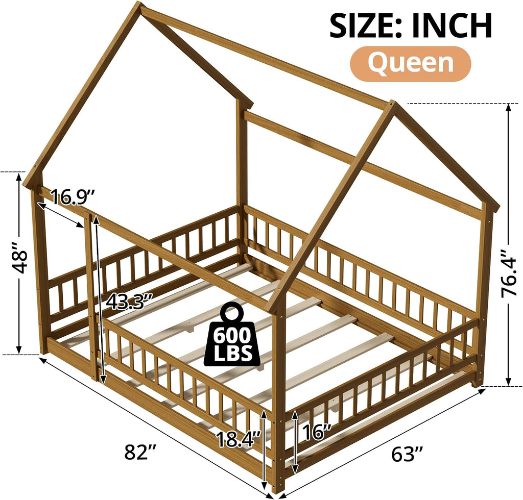Espresso Queen Wooden House Floor Bed