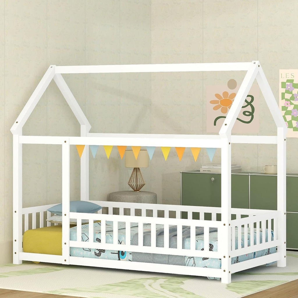 White Twin Wooden House Floor Bed
