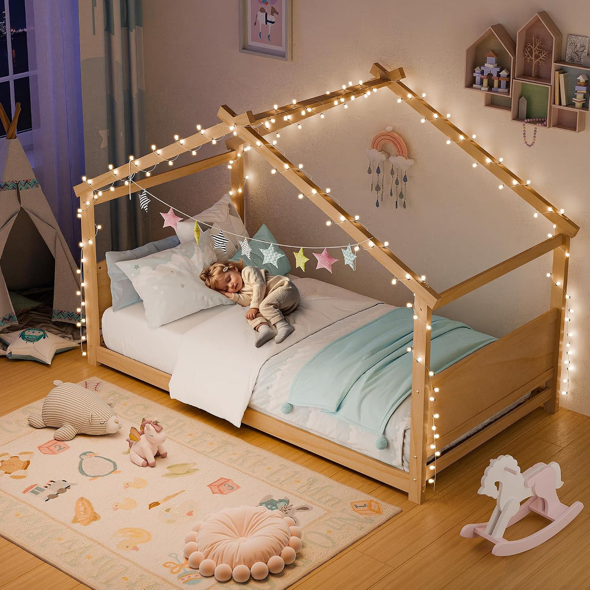 Natural Twin Montessori House Floor Bed