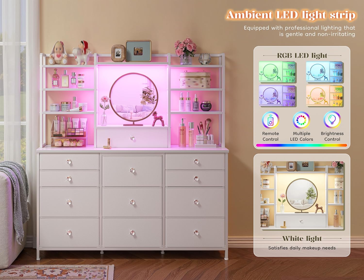 White RGB 12-Drawer Fabric Dresser