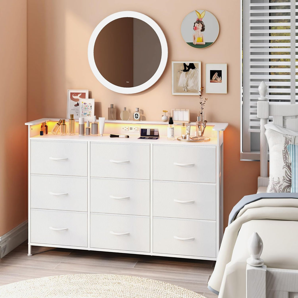 White LED Charging 9-Drawer Dresser