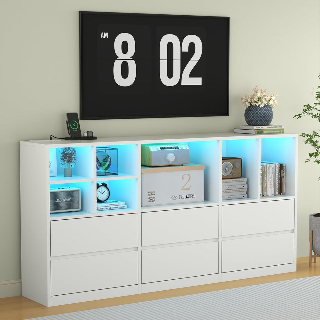 White LED Cubby 6-Drawer Dresser