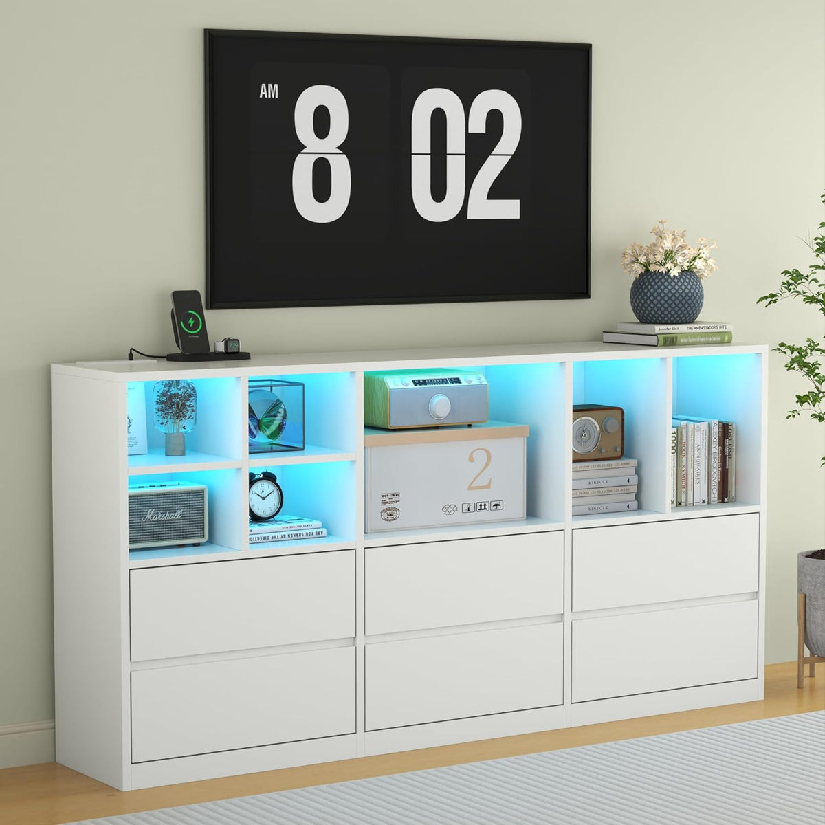 White LED Cubby 6-Drawer Dresser