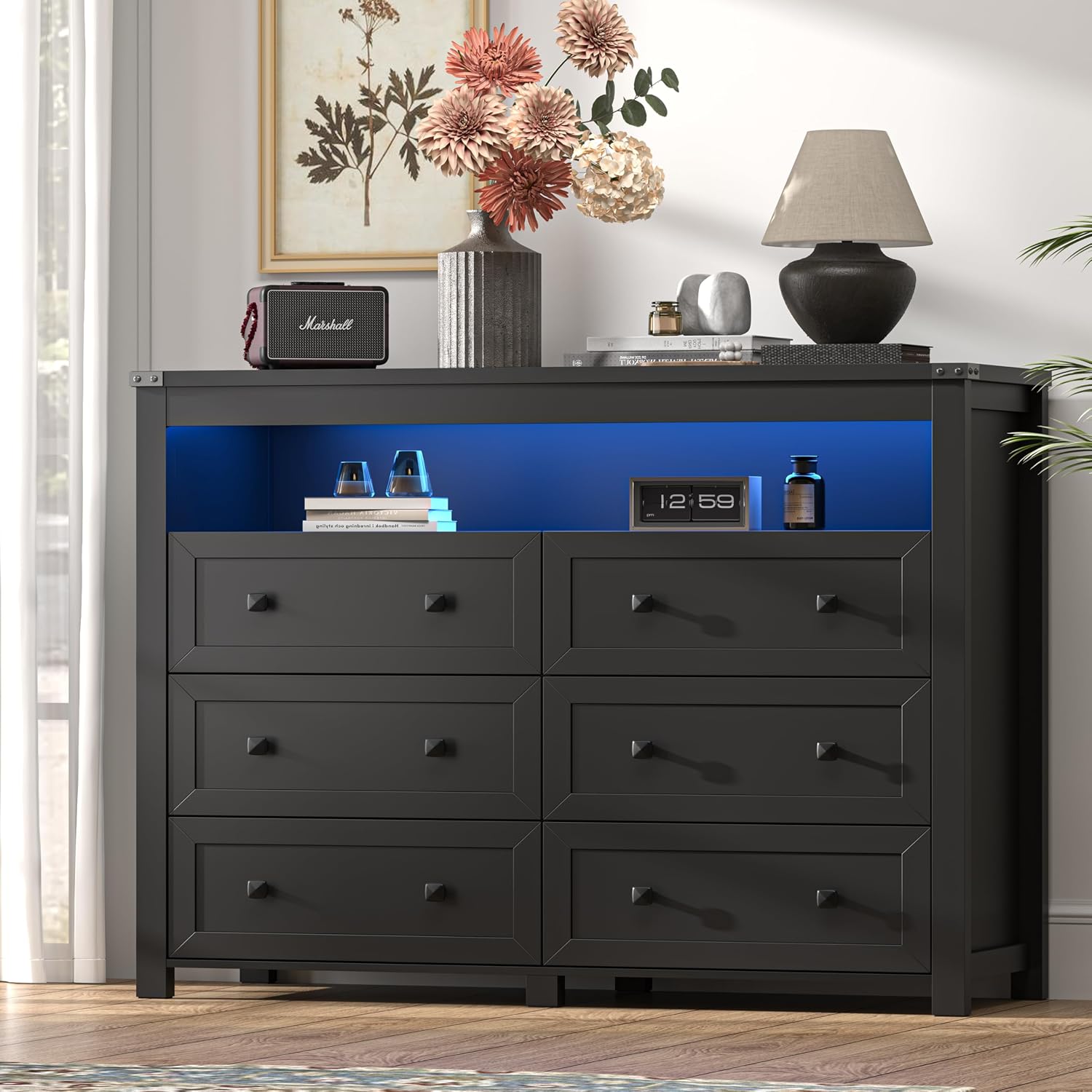 Black LED Charging 6-Drawer Dresser