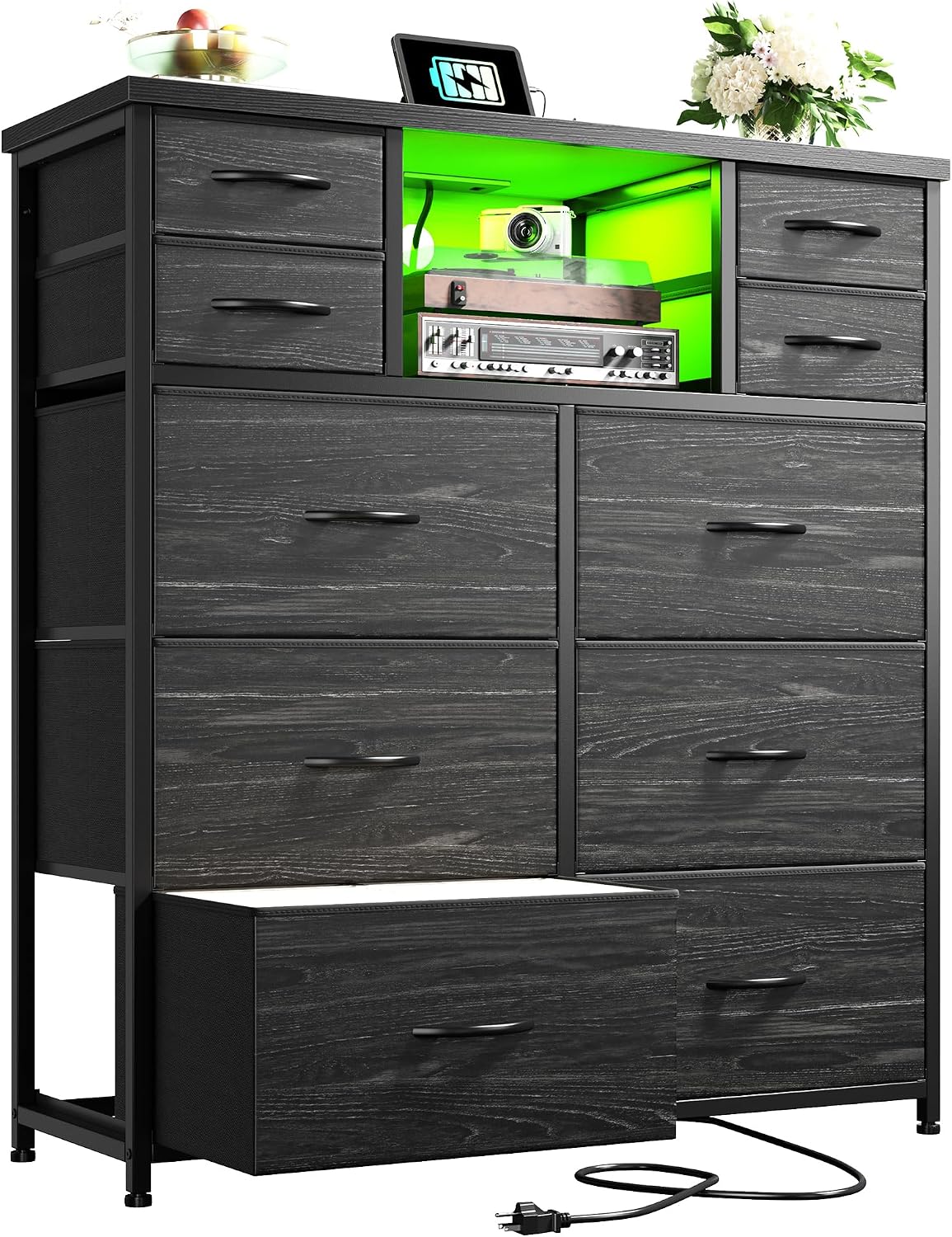 Black LED Charging 10-Drawer Dresser