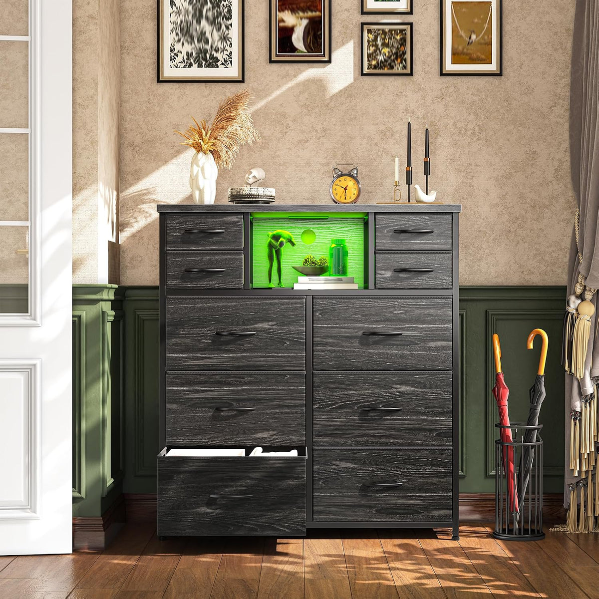 Black LED Charging 10-Drawer Dresser