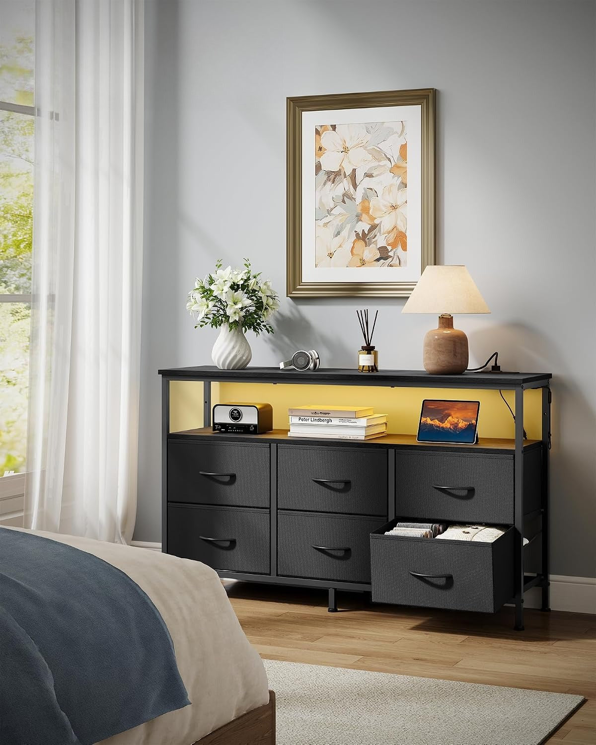 Black 6-Drawer Shelf Dresser Stand